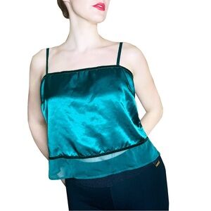 Vintage 90s Victoria’s Secret Forest Green Satin Velvet Trim Cropped Cami Top M